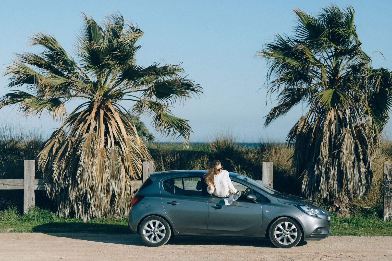Voiture de location garée près de palmiers